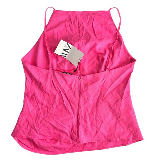 Zara Linen Blend High Neck Ruched Fitted Blouse Hot Pink Size Large NWT - Picture 3 of 8